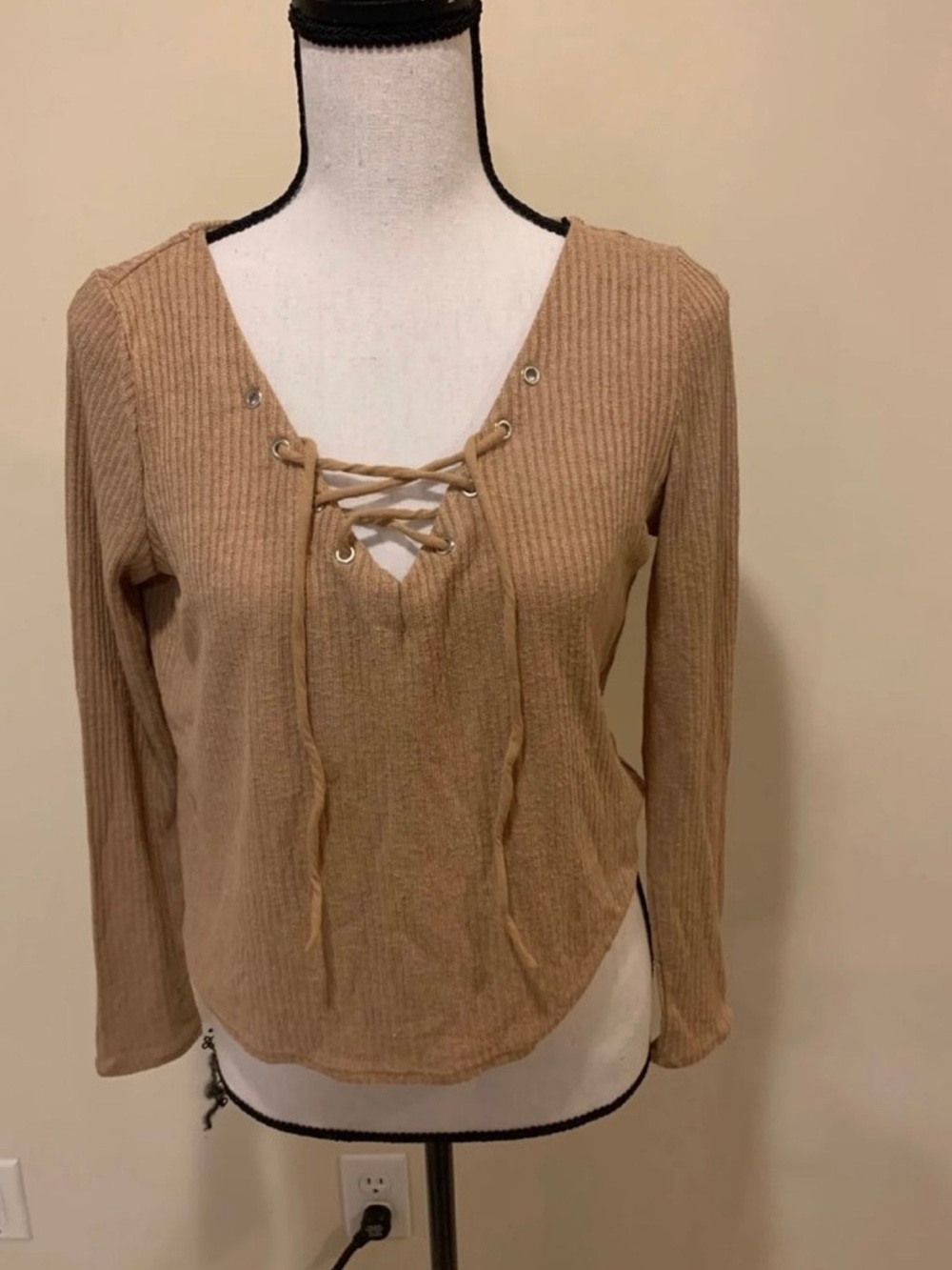 H&M Ribbed Lace-Up Long Sleeve Top - Tan
